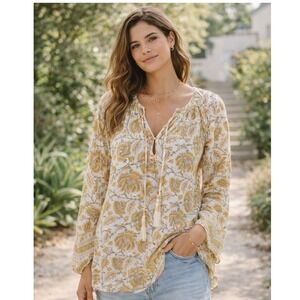 Cleobella Floral Boho Tassel Tie‎ Tunic Top Cotton XS Yellow